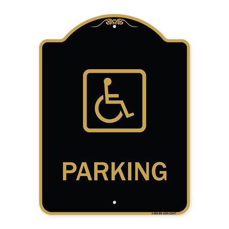 SIGNMISSION Designer Series Parking Handicapped, Black & Gold Aluminum Sign, 18" x 24", BG-1824-23477 A-DES-BG-1824-23477